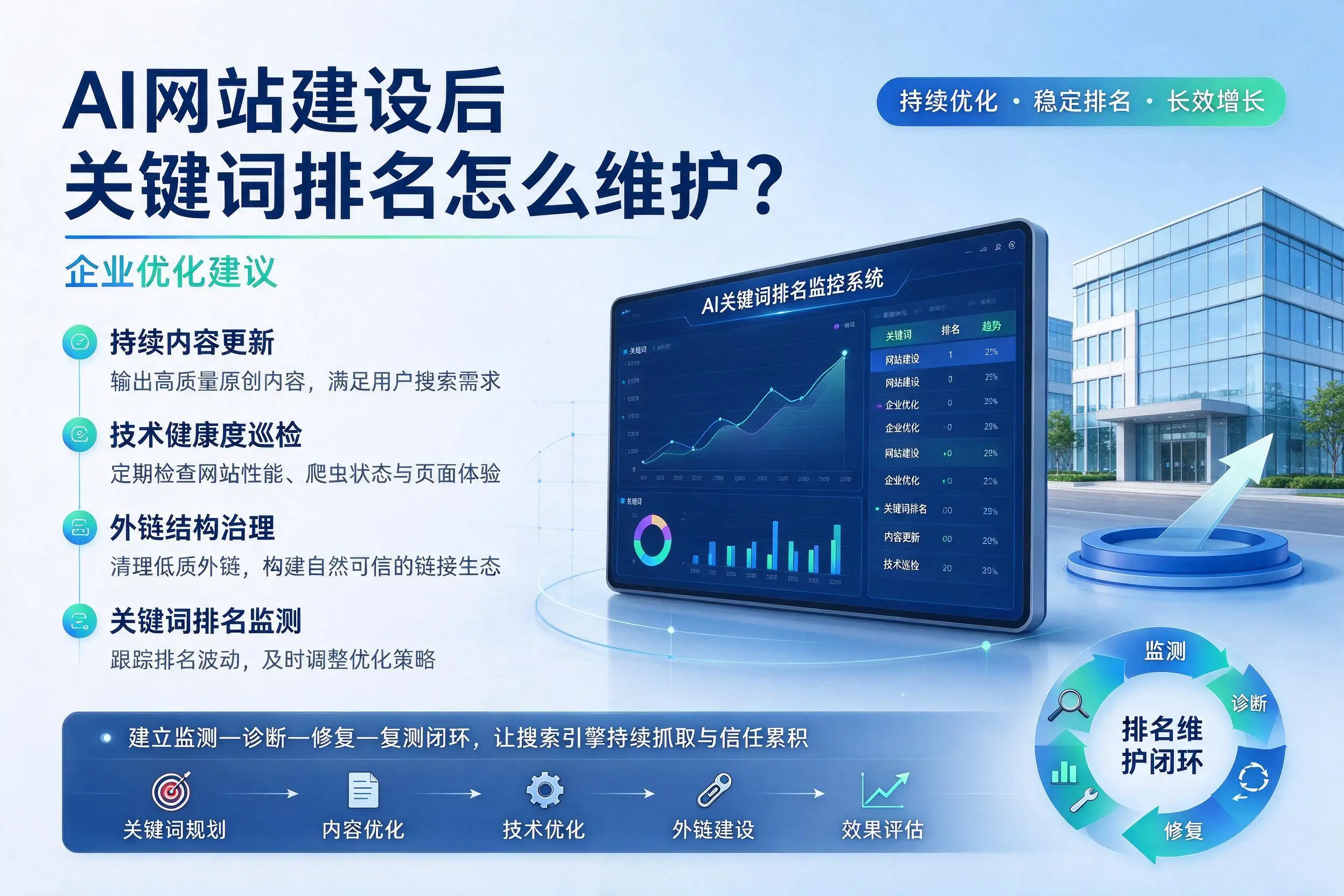 AI网站建设后关键词排名怎么维护?通化企业优化建议