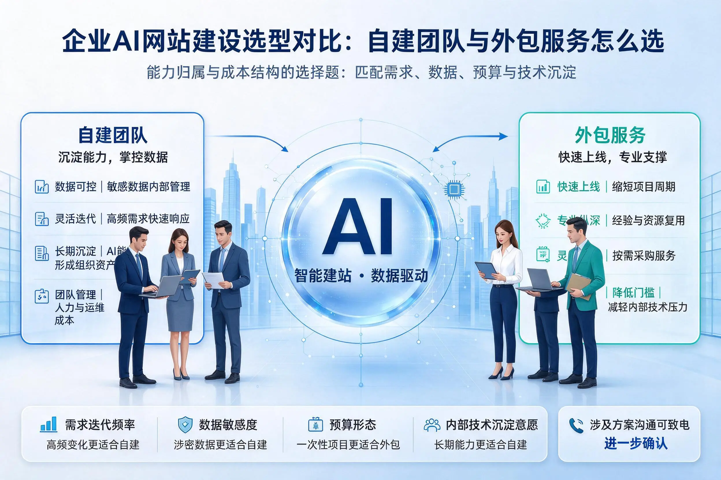 通化企业AI网站建设选型对比：自建团队与外包服务怎么选